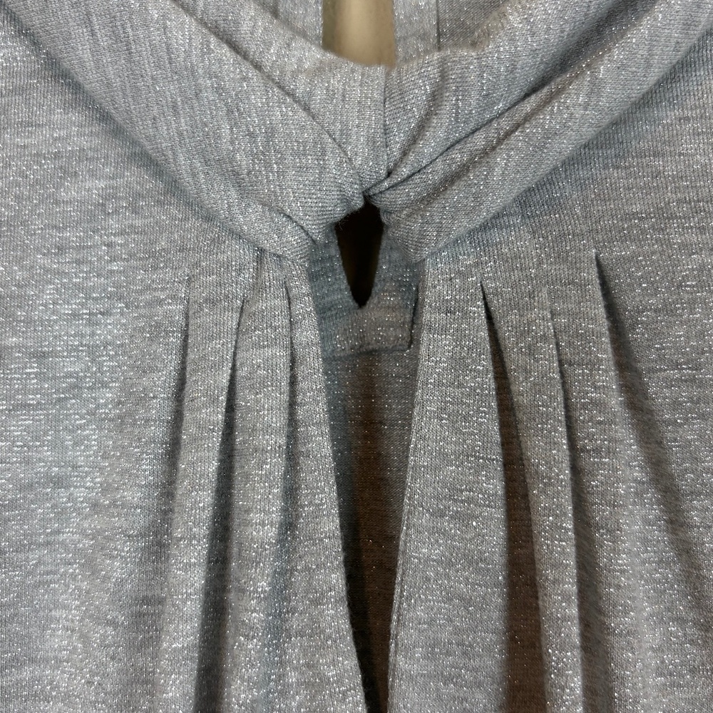 Karl Lagerfeld Paris Silver Shimmer Pleated Front/Keyhole Knit 3/4 Sleeve Blouse - Picture 4 of 10